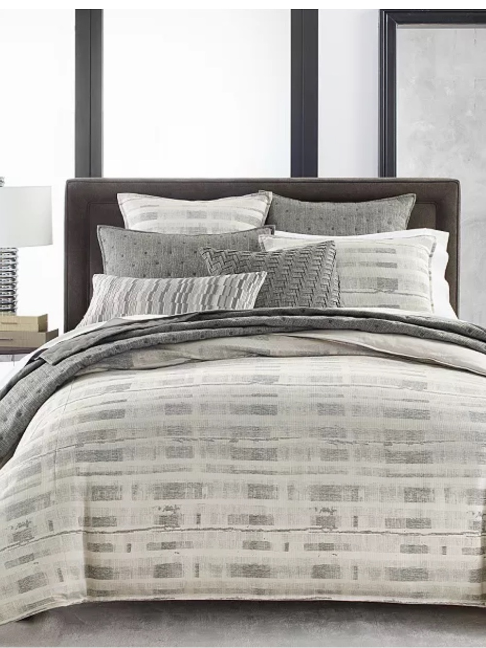 🌺Hotel Collection King Gorgeous Broken Stripe Duvet Cover Gray Cream Textured